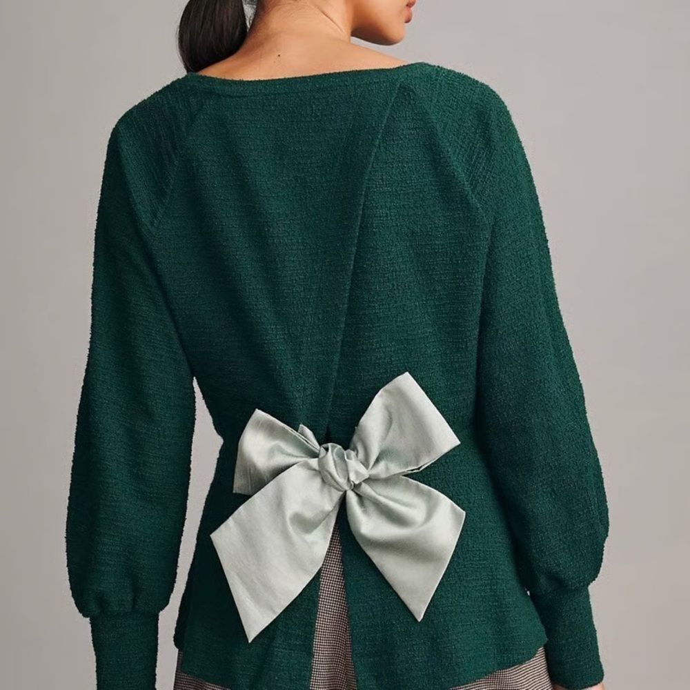 Anthropologie Forest Green Sweater with Light Sage Bow Back